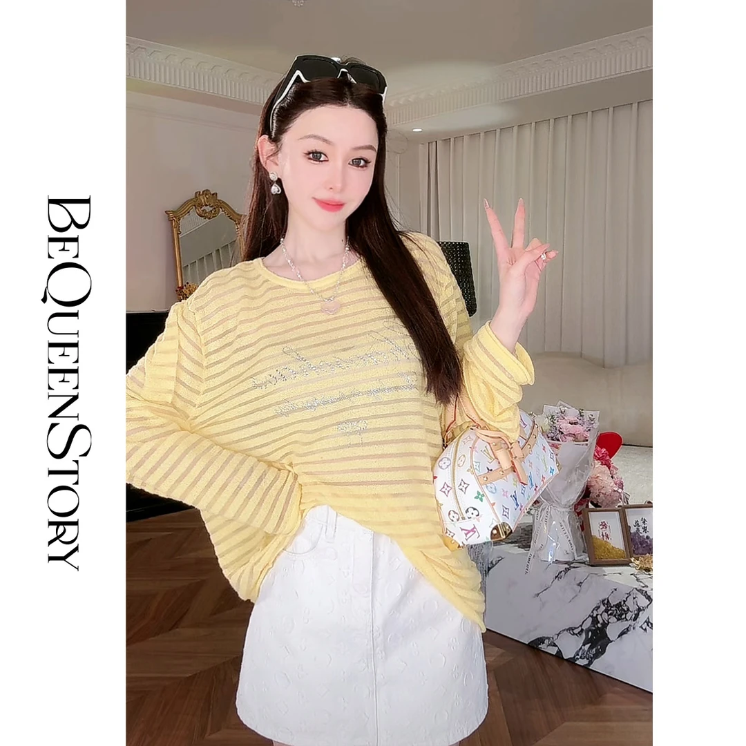 余潇潇【沙滩甜心】 烫钻慵懒感宽松条纹针织衫2025新款