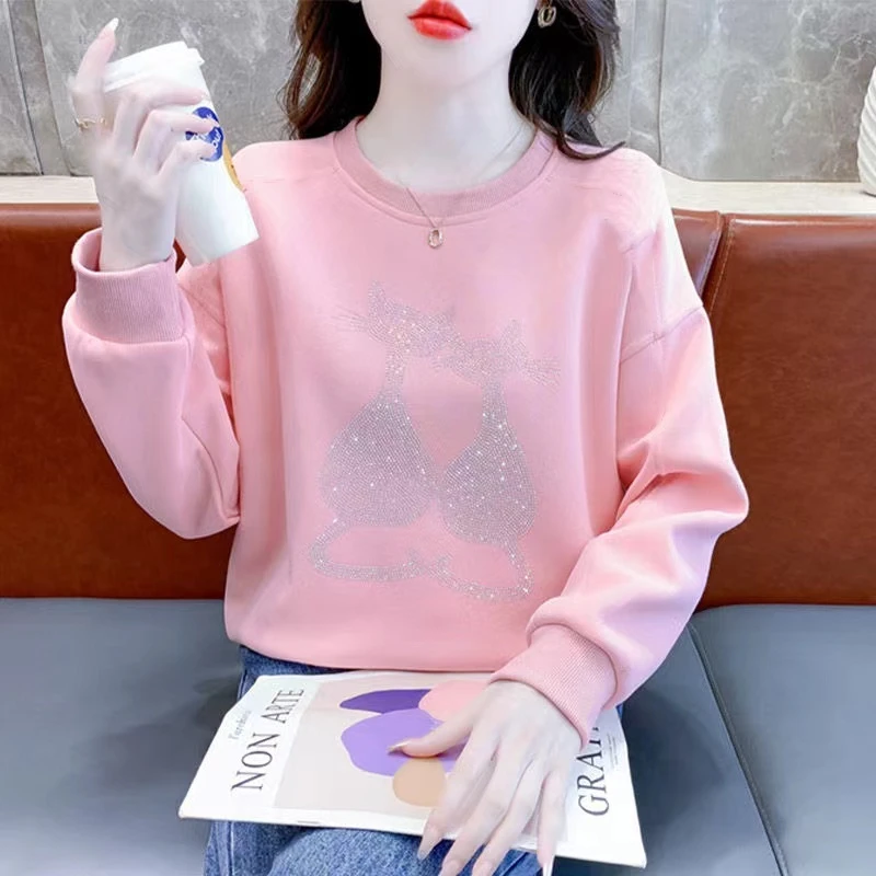 《闪钻猫咪卫衣》高品质高g重·上衣百搭宽松圆领长袖