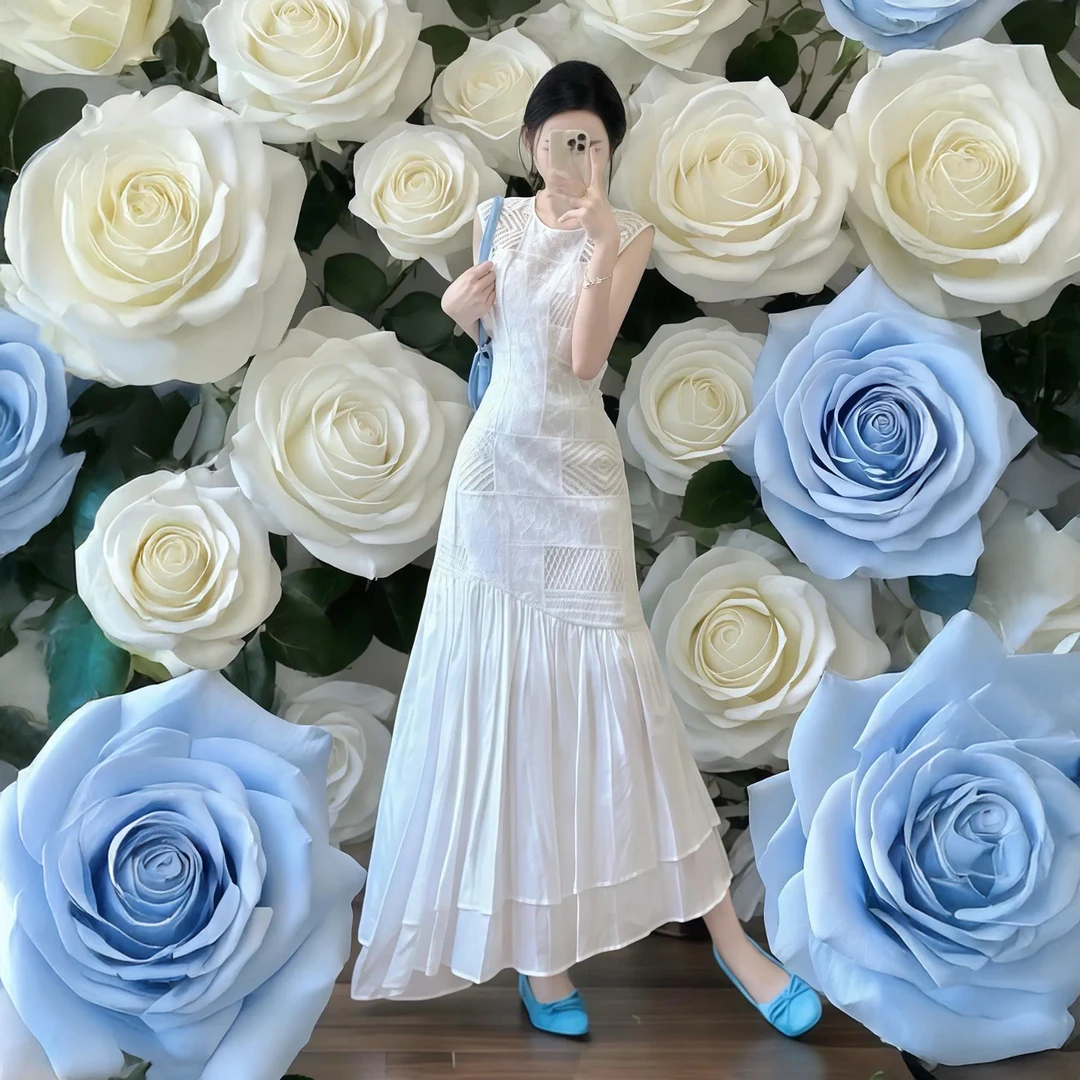 法式白色蕾丝拼接无袖连衣裙子今年流行夏季穿搭独特漂亮掐腰长裙