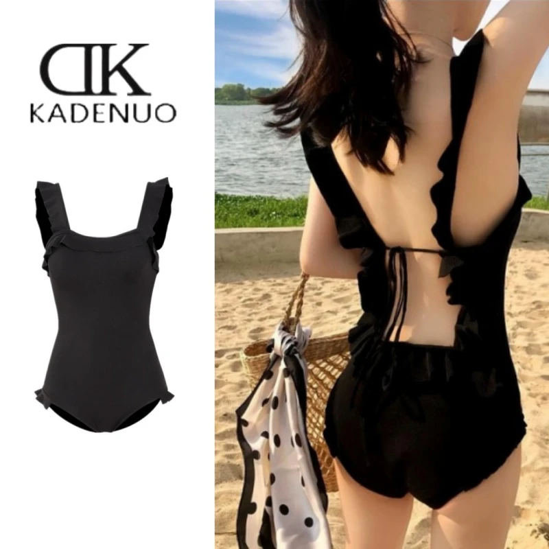 咖德诺韩风复古ins小众泳衣女士性感露背荷叶边高颜值女士泳衣