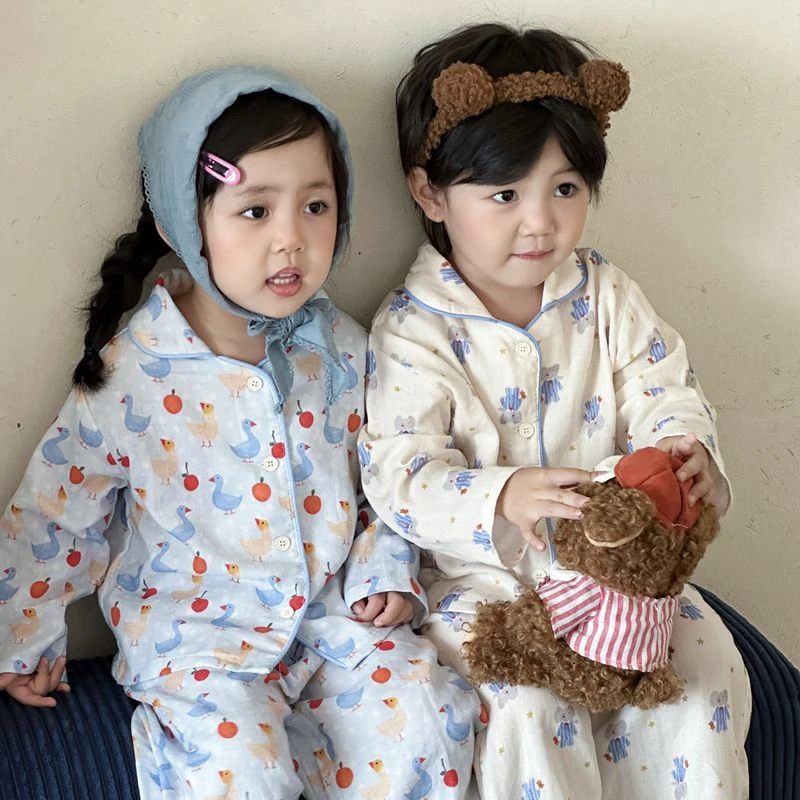 儿童睡衣纯棉春秋款双层纱布中小童秋季男女童开衫长袖家居服套装