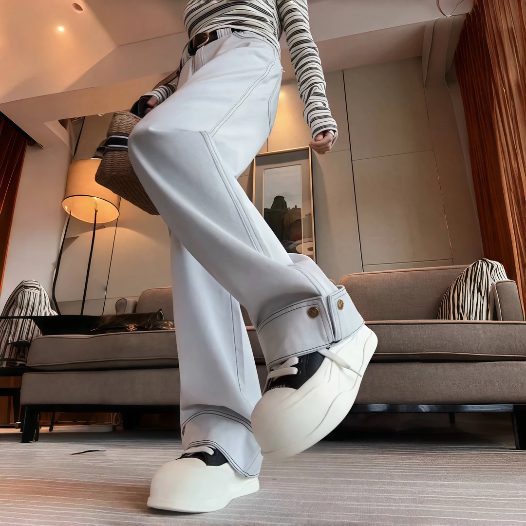 百搭窄版直筒牛仔裤女2025年秋季新款大码高腰显瘦翻边开叉阔腿裤