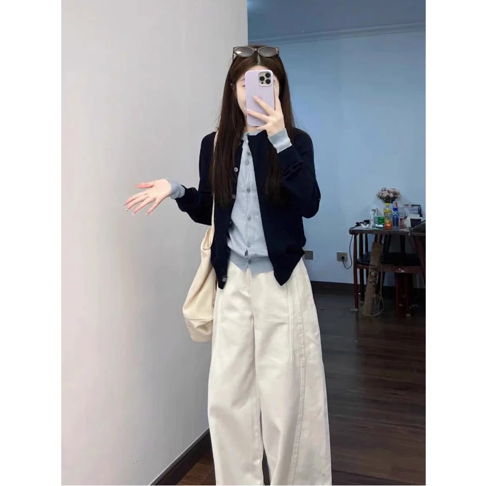 秋季时尚假两件针织开衫外套气质甜美白色休闲阔腿裤学院风两件套