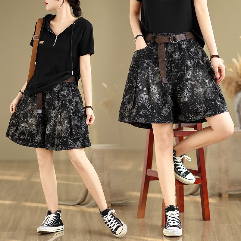 夏季薄款牛仔短裤女新款文艺休闲印花哈伦裤女款爆款2025新款