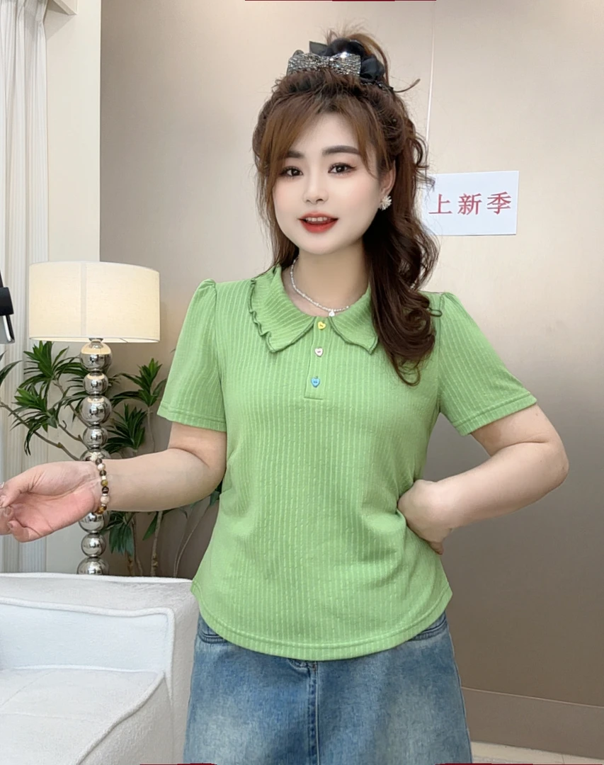 大码女装胖mm简约百搭翻领显瘦2025夏季新款小众减龄韩版短袖T恤