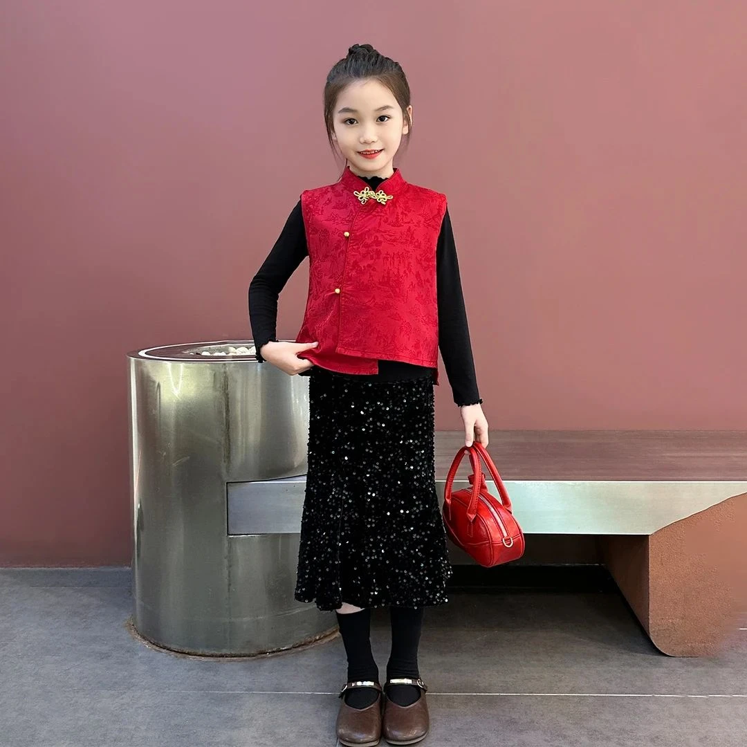 女童秋装新款2025套装童装马甲鱼尾裙打底中式儿童衣服秋款