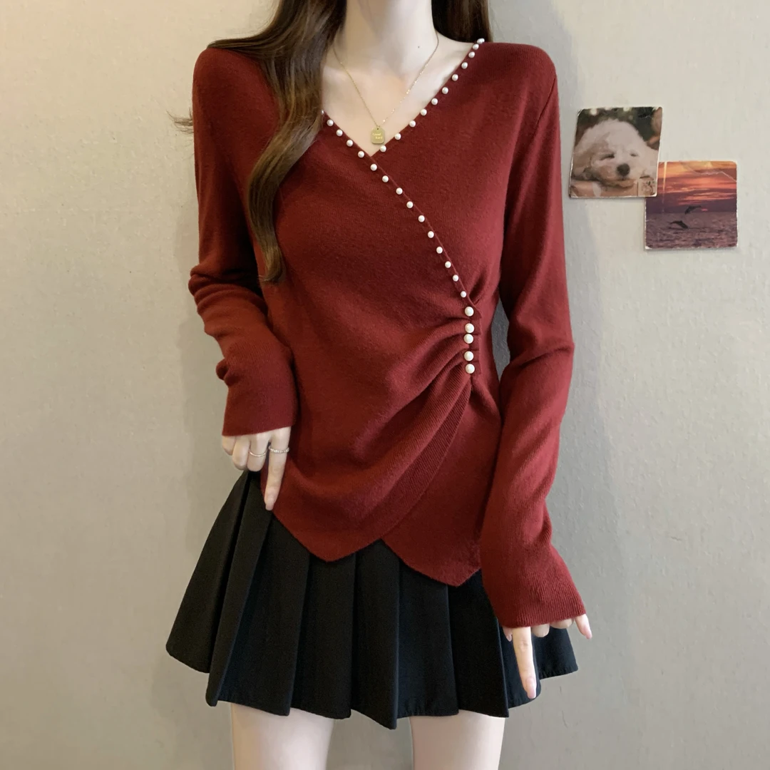 新年红色V领针织衫新款秋冬季大码女装内搭不规则打底衫上衣长袖