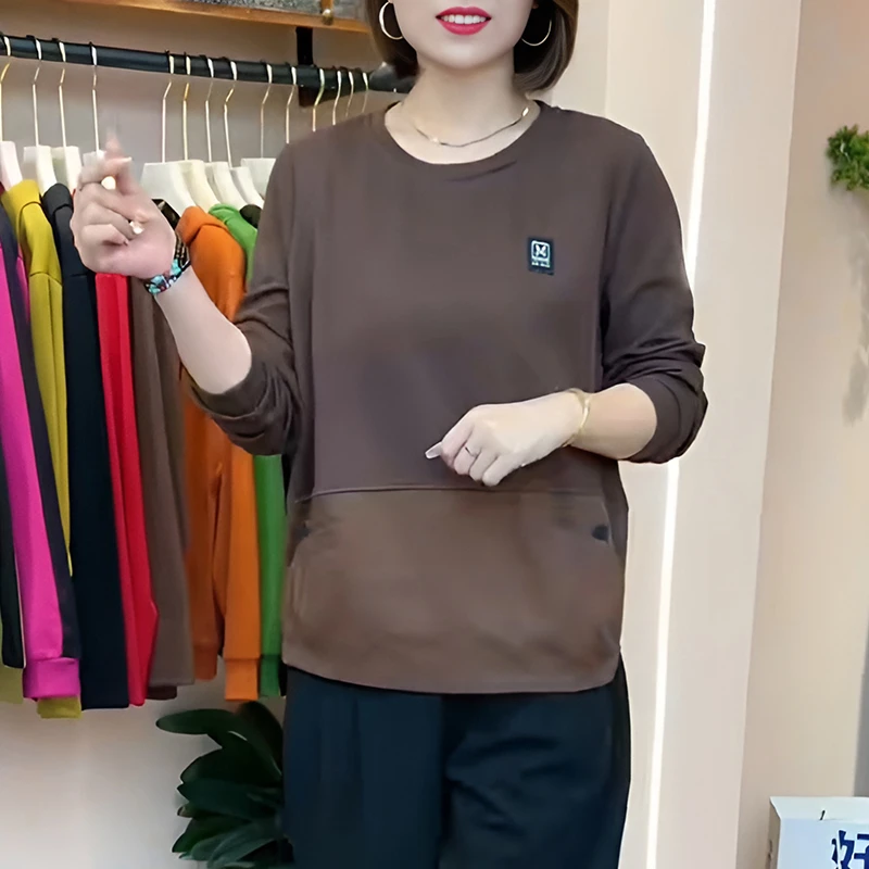 宽松百搭T女拼接2025年新款中年妈妈长袖打底衫休闲款卫衣春秋