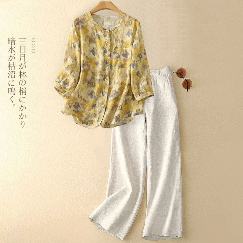高级感轻奢苎麻套装女士2025夏装妈妈洋气减龄亚麻碎花衬衫两件套