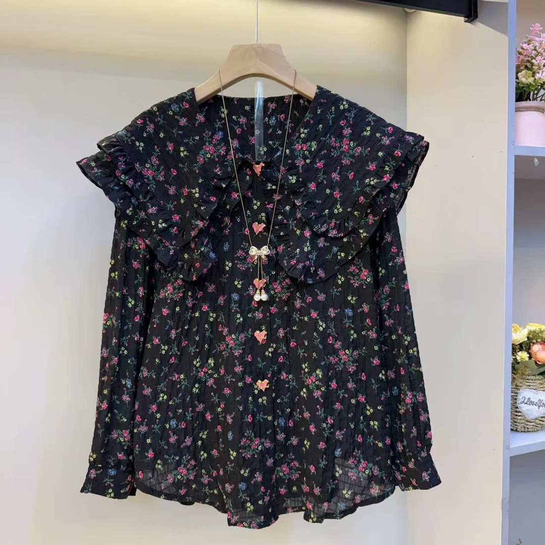 2025欧货娃娃领减龄宽松韩版碎花衬衫