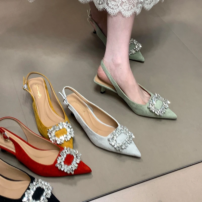 尖头气质包头凉鞋名媛细跟高跟鞋水钻性感女鞋2025夏