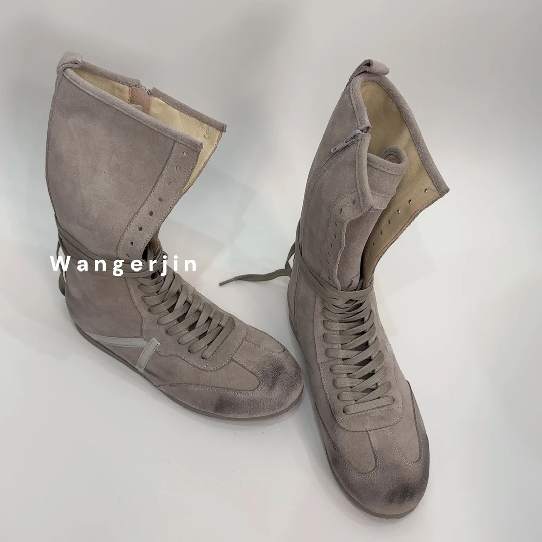 【王二今】牛皮/3.5CM/做旧暗黑系德训拳击鞋系带时尚休闲马丁短靴