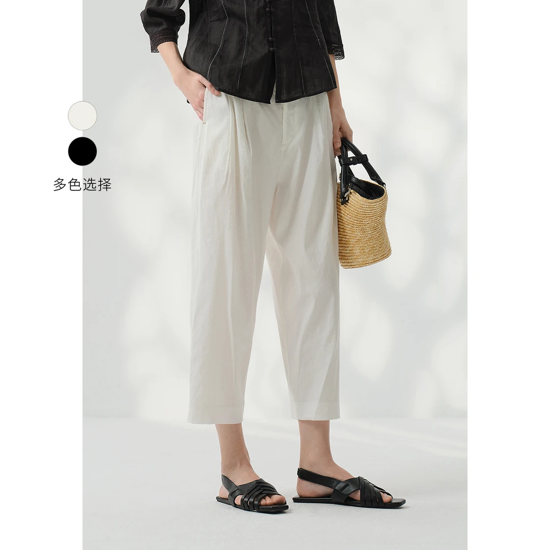 EIN/言文艺时髦通勤休闲宽松倒褶九分亚麻立裁锥形裤子25夏季款