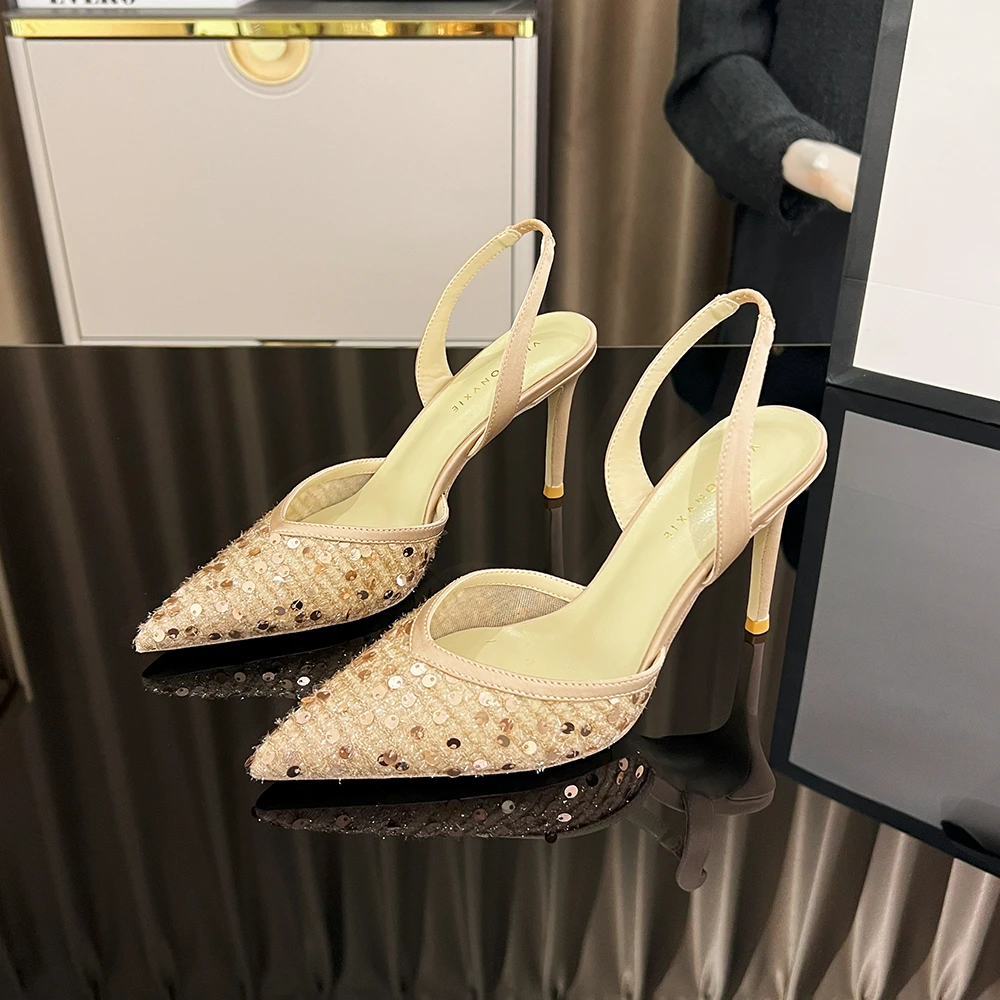 【甘师傅匠心之作】甘师傅匠心之作香槟网纱珠片后空真皮高跟凉鞋女