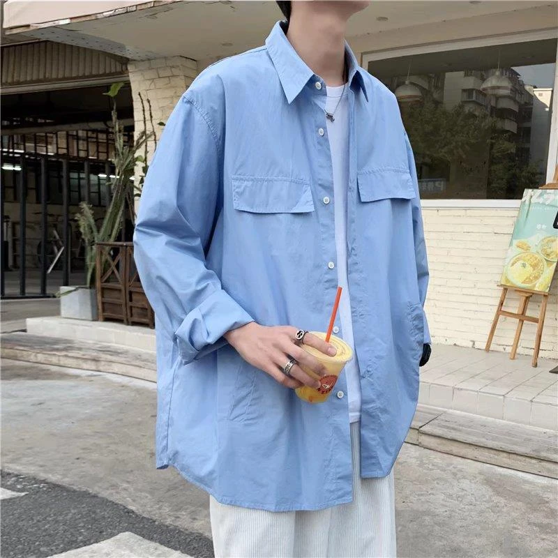 港风蓝色衬衫男长袖上衣宽松百搭工装风日系青春秋季学生衬衣外套