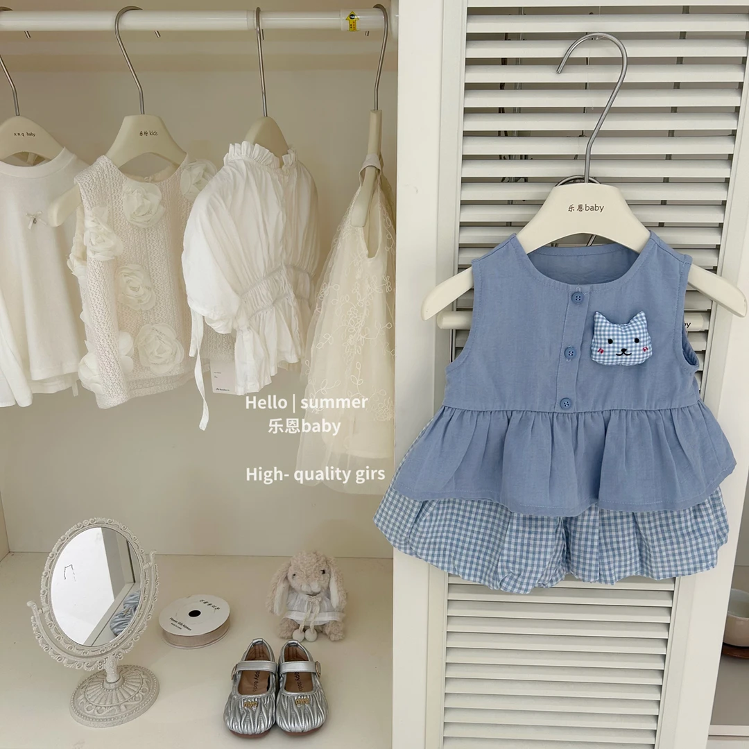 【乐恩baby】女童夏季蓝色卡通套装兔子背心格子花苞裤时髦两件套