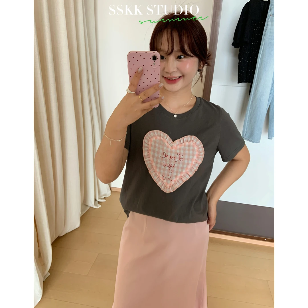 KMZY/KMZY山_山【甜莓少女】微胖韩系爱心格子百搭小众显瘦短袖T恤