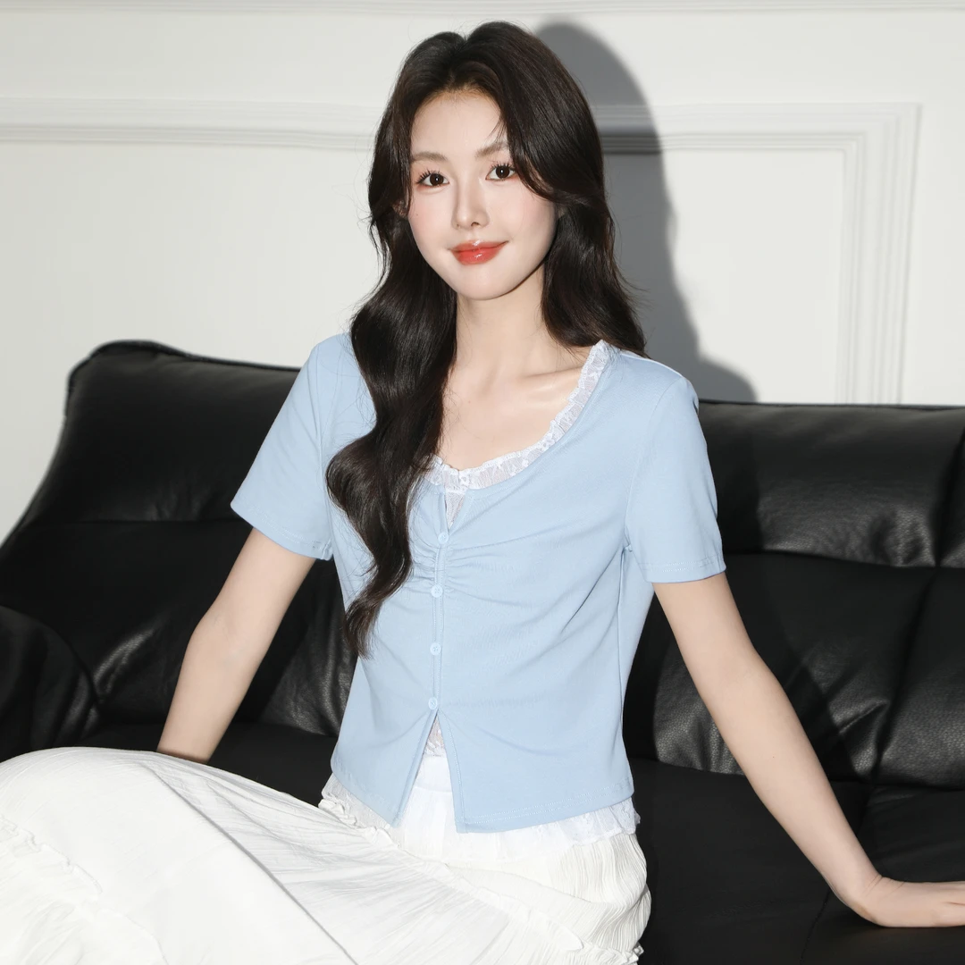 蓝色蕾丝边短袖T恤女夏2025夏季新款假两件设计感体恤正肩短上衣