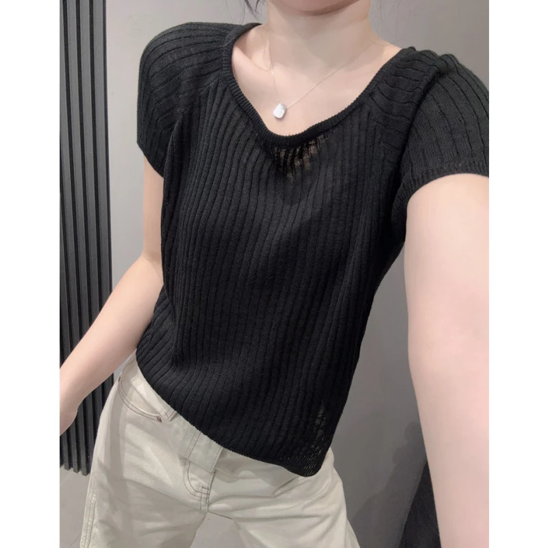 露锁骨方领冰丝针织衫女小众简约百搭修身显瘦U领短袖上衣夏欧货