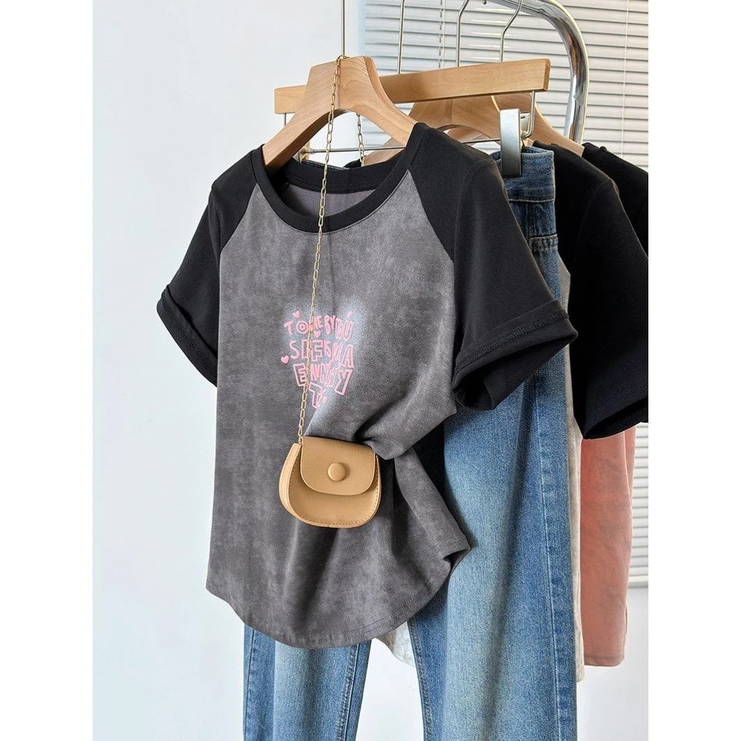 2025夏装新款胖mm大码女韩版撞色印花爱心插肩短袖T恤