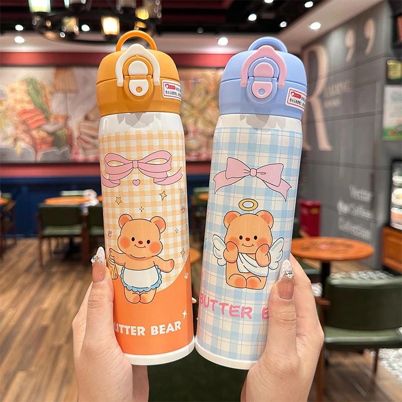 新款可爱卡通保温杯儿童水杯学生上学专用双饮吸管杯便携水杯子