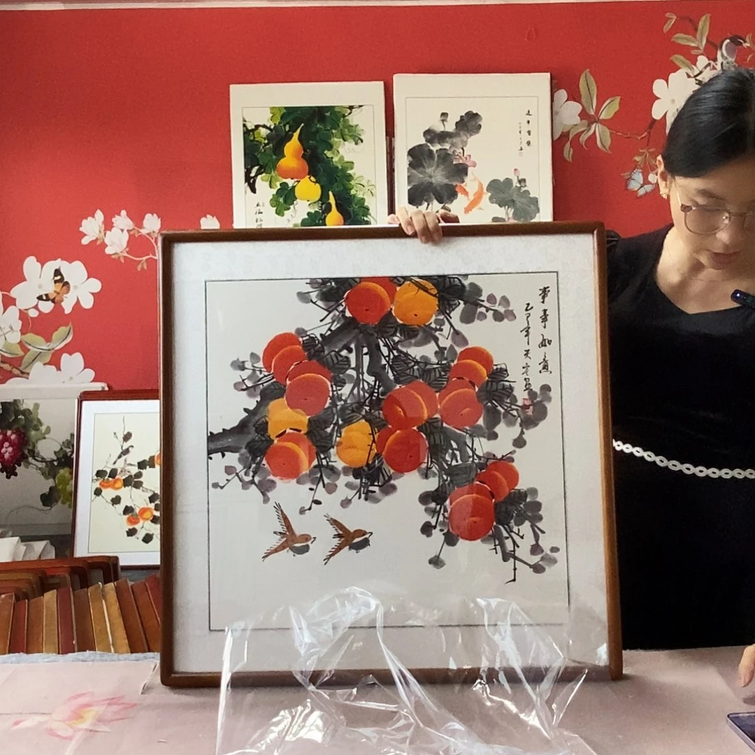 国画手写手绘国画作品带框包邮62✖️62