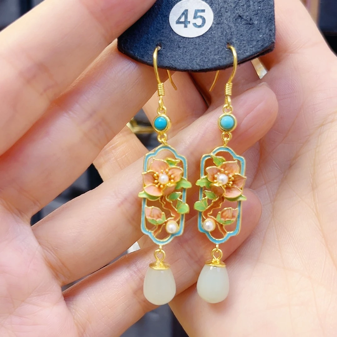 和田玉银S925镀金镶嵌耳饰