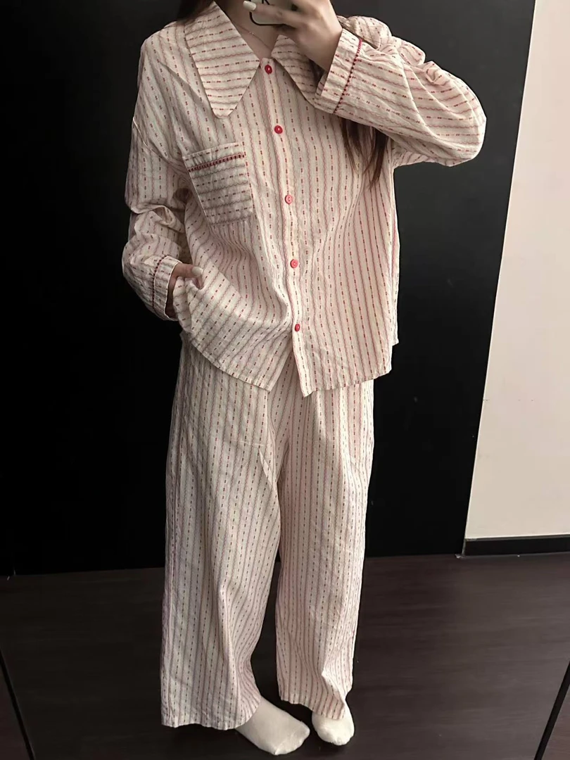 ins撞色条纹睡衣女春秋季新款日系休闲长袖宽松舒适可外穿家居服