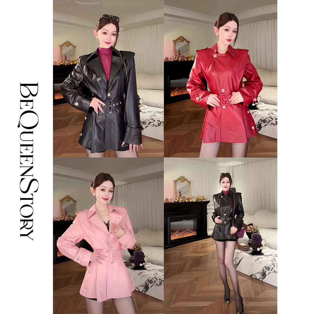 余潇潇【硬核御姐】时尚轻奢100油蜡绵羊皮收腰翻领皮衣配送腰带