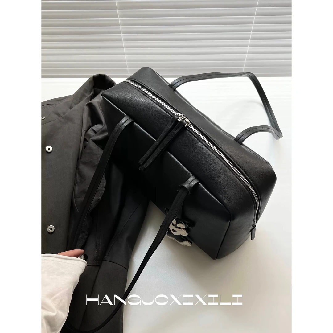 韩国西西里 小众黑色复古软皮腋下包通勤单肩波士顿包包