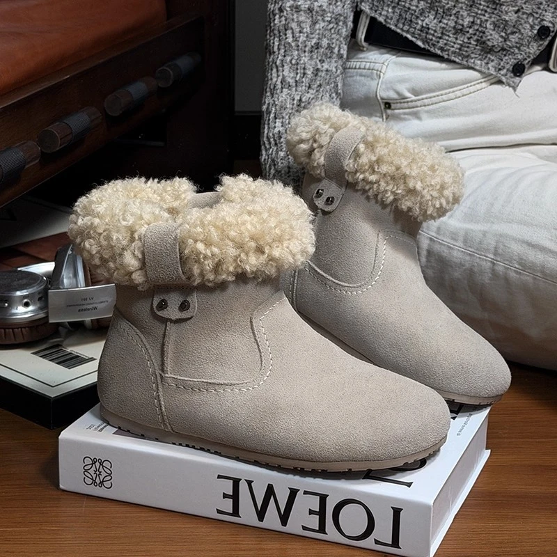 磨砂绒面加绒勃肯靴女复古圆头毛毛短靴平底保暖棉鞋羔羔毛雪地靴