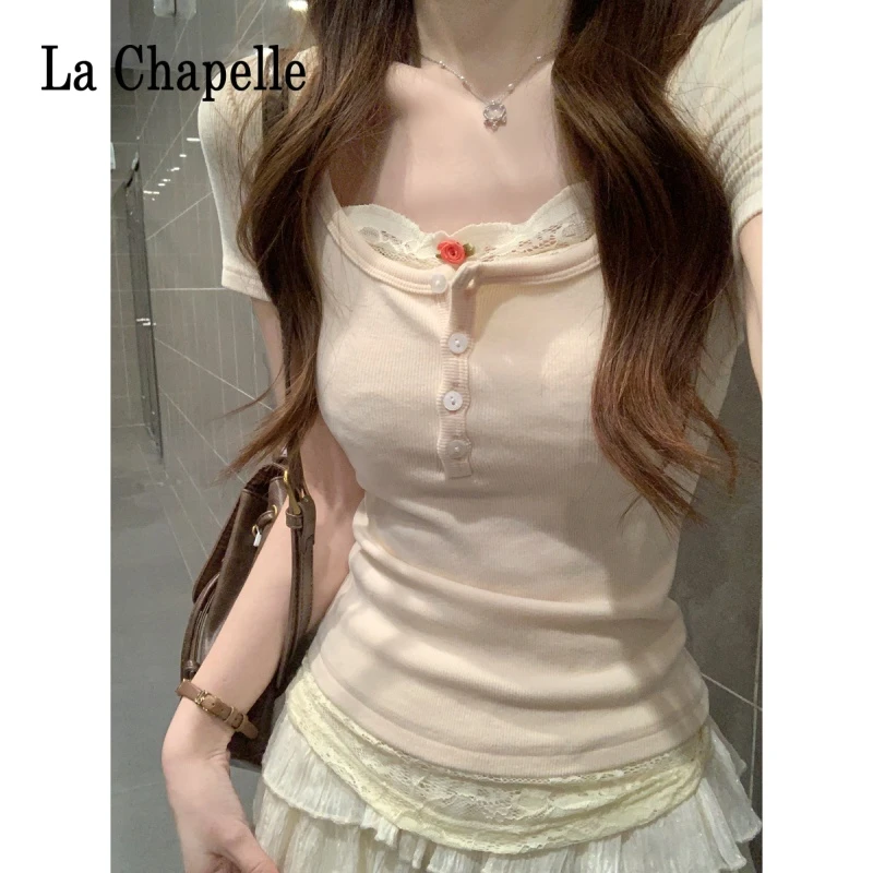 拉夏贝尔夏季韩版纯欲方领撞色拼接蕾丝边纽扣设计短袖T恤上衣