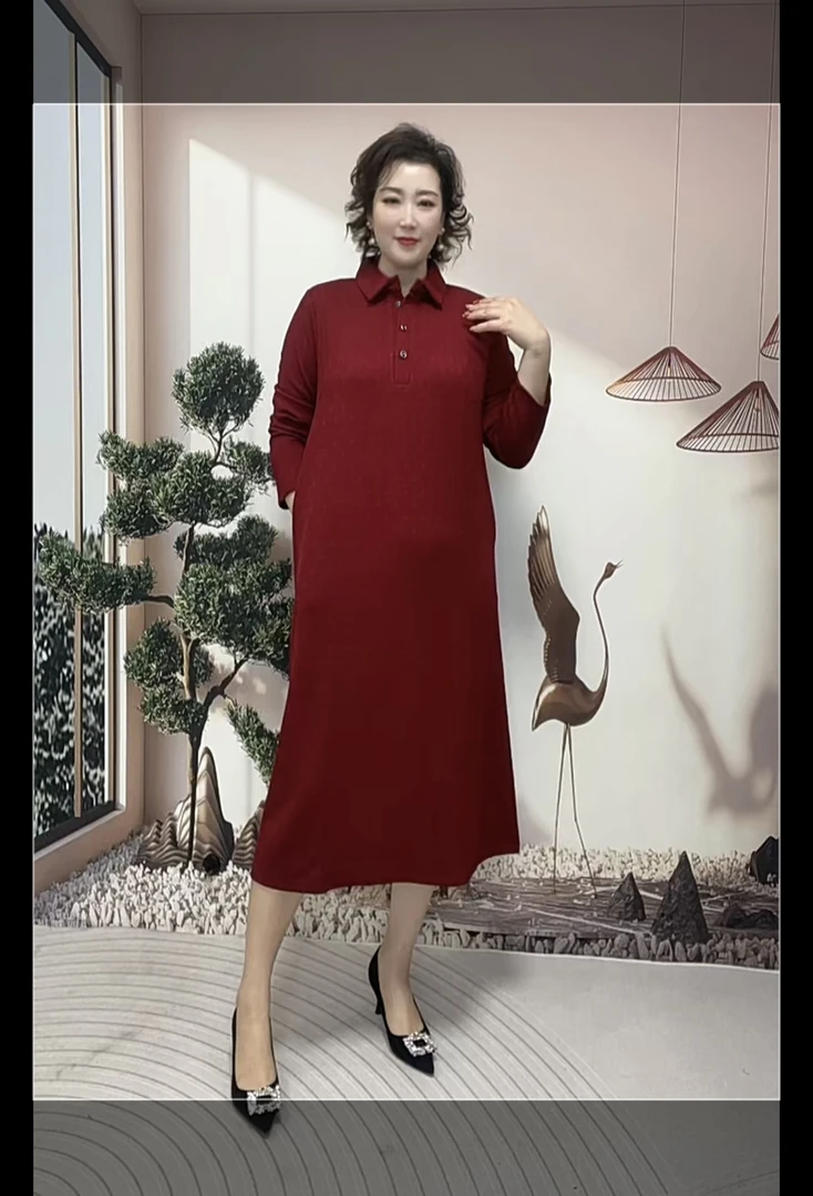 春秋新款翻领长袖连衣裙百搭宽松遮肉A版连衣裙气质减龄长裙