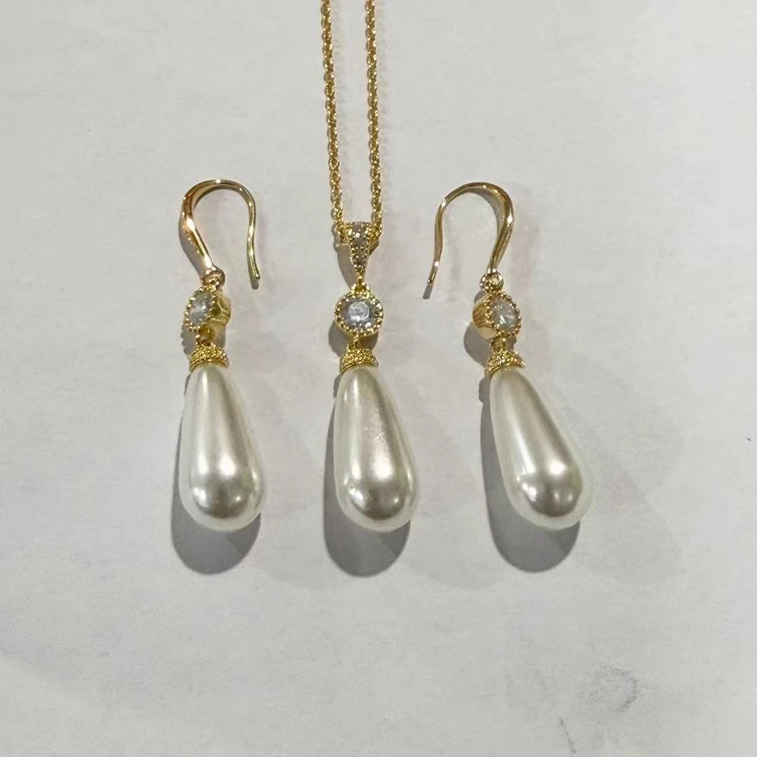 铜合金仿珍珠项链 1601 水滴流苏项链+手链两件套