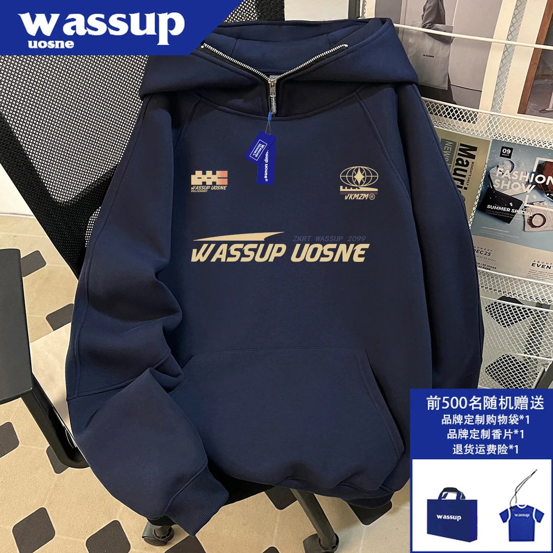 WASSUP UOSNE美式潮牌半拉链长袖男ins百搭复古连帽插肩重磅卫衣