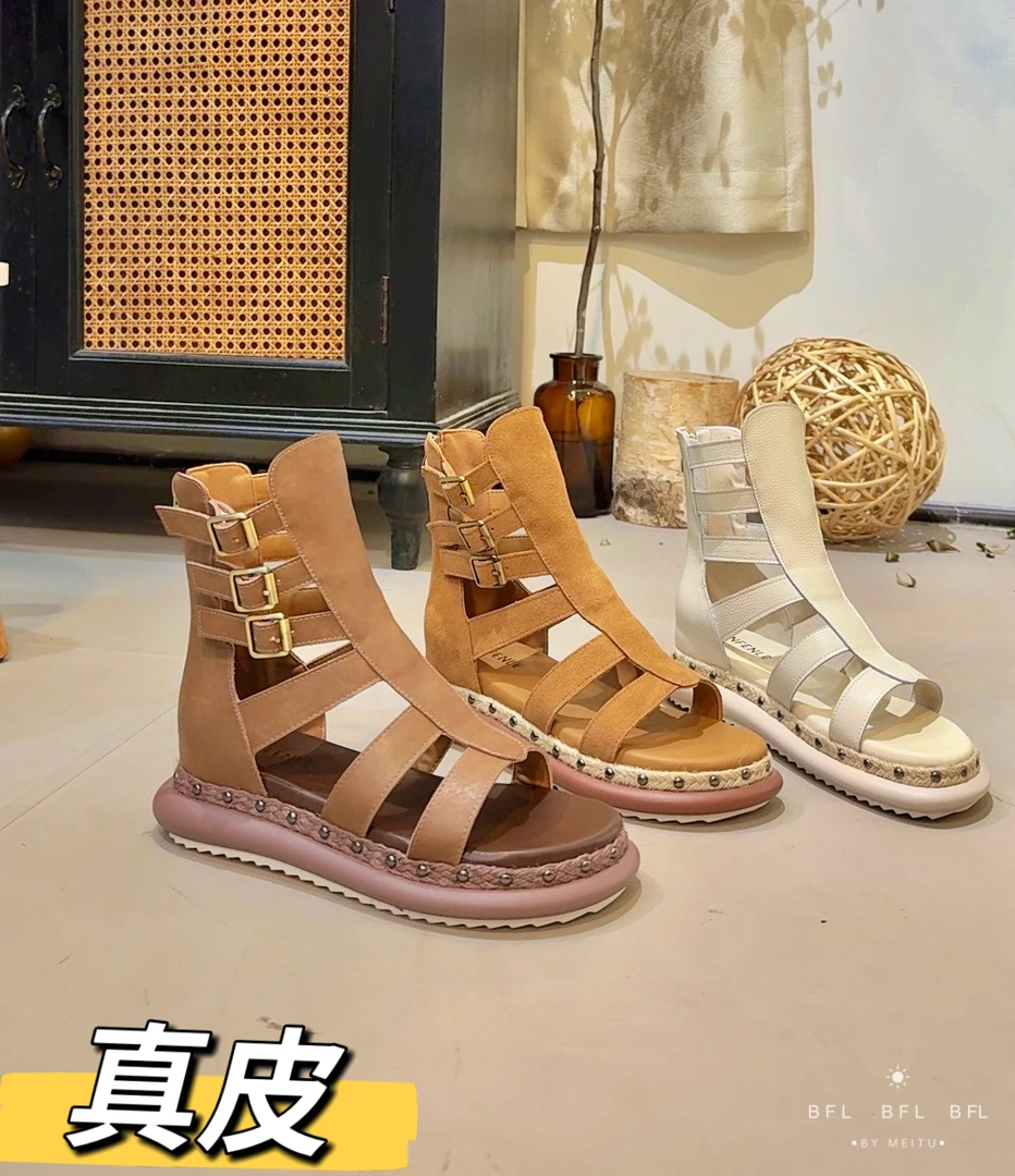 《敲金砖》唐乐乐｜25new百搭罗马草编坡跟厚底铆钉真皮凉鞋 6008
