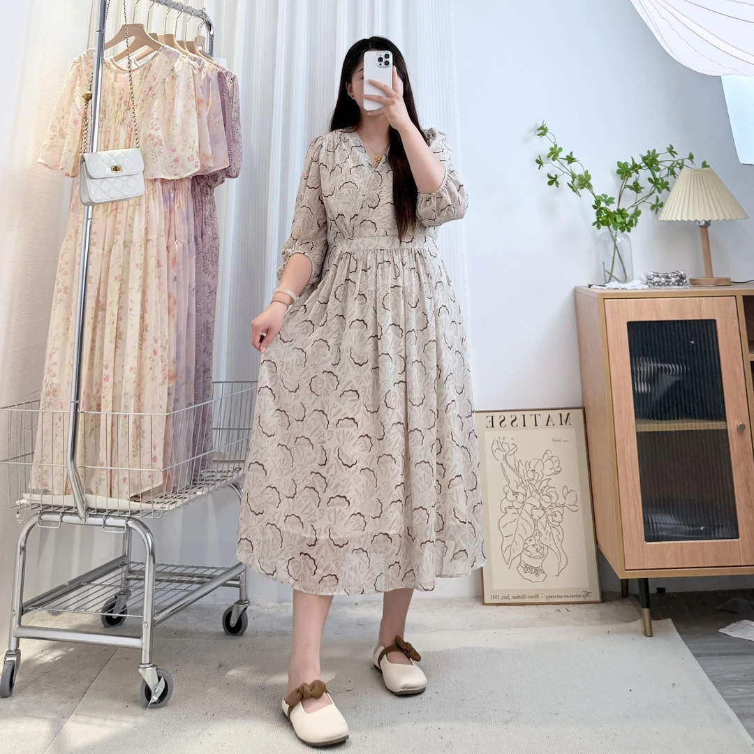 显白气质【杏仁云朵】V领高腰大码胖mm中长款宽松绑带中袖连衣裙