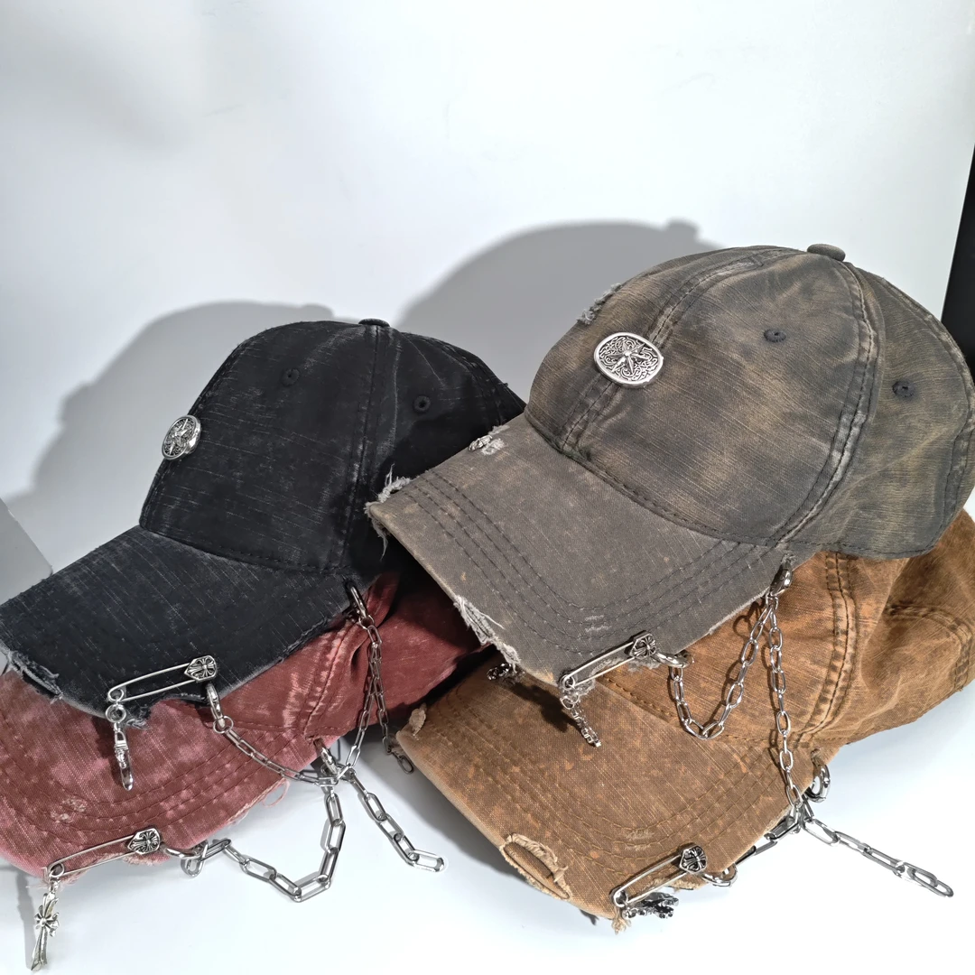06403废土风做旧个性十字别针链条帽子
