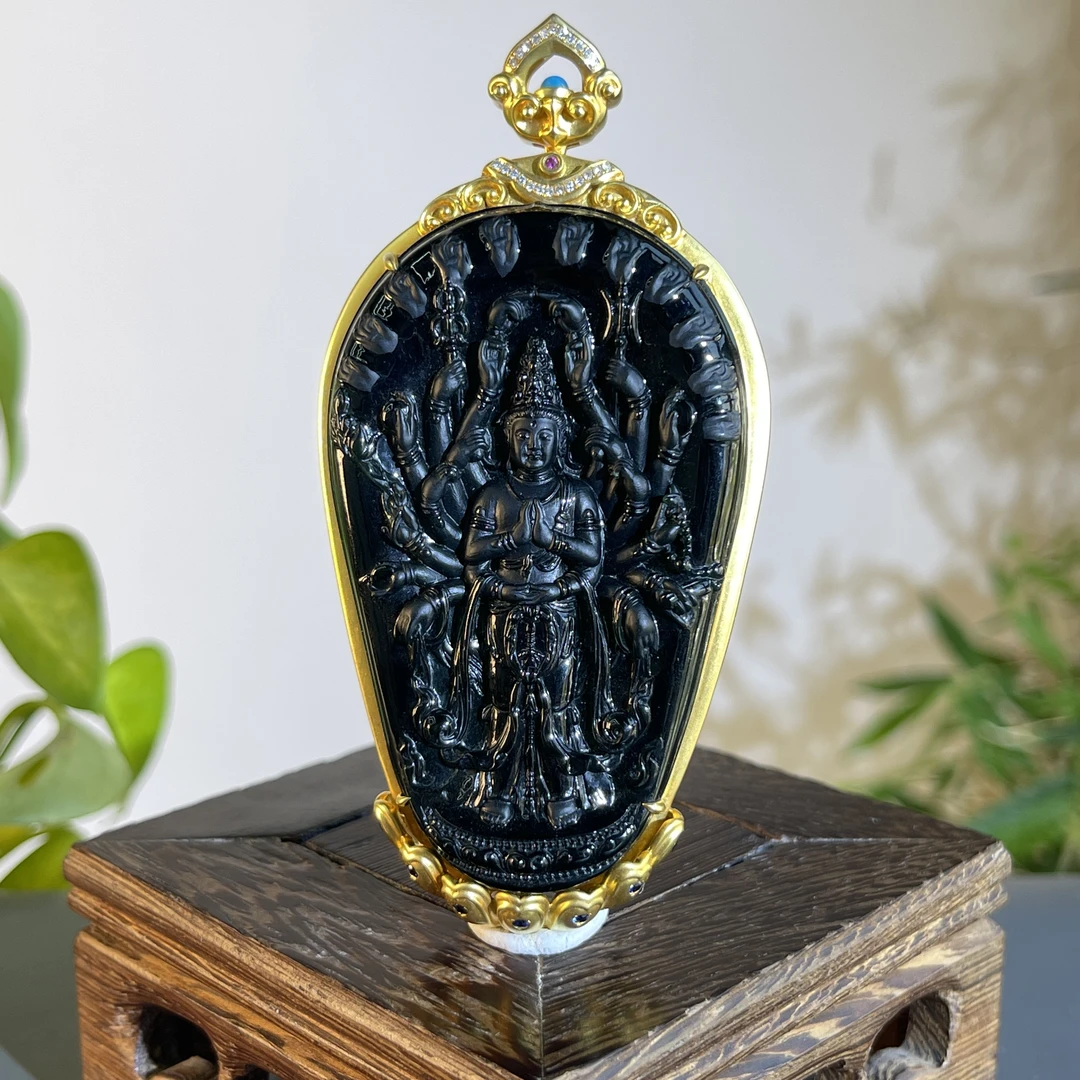 JTW22-180 天然缅甸A货翡翠  黑-18K含钻镶嵌千手观音