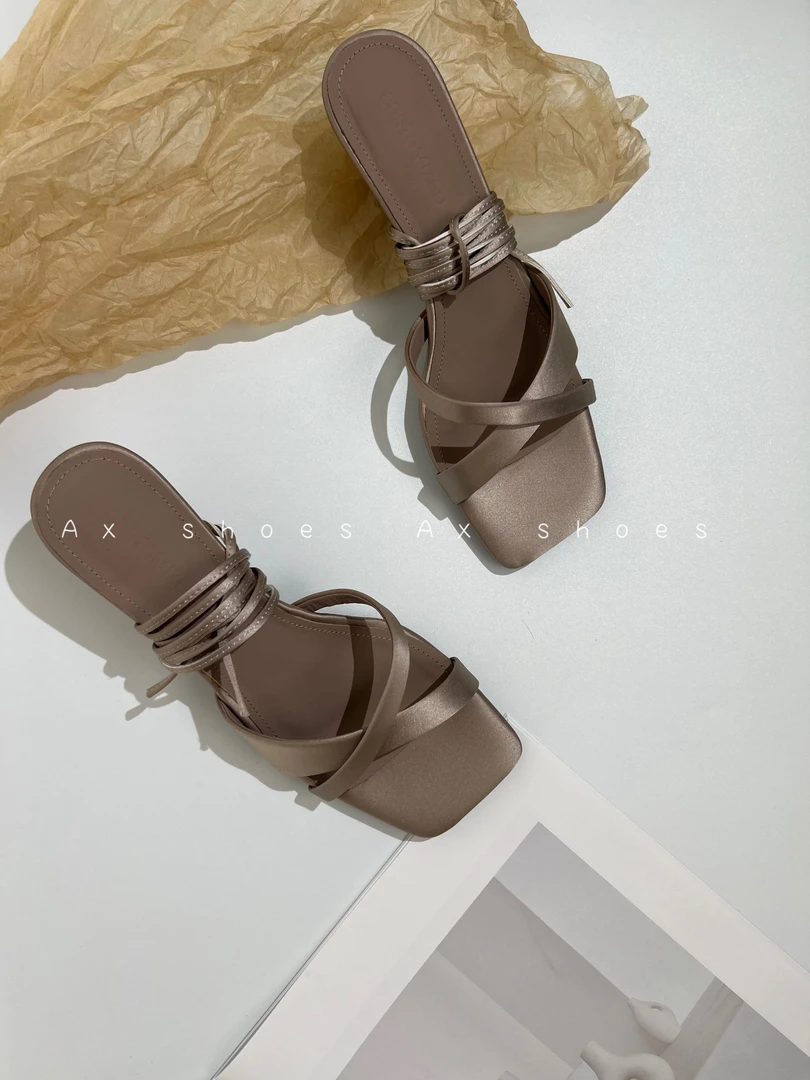 34-40码/跟高5cm/黑 杏灰/方头交叉凉拖绸缎系绳露趾高跟鞋