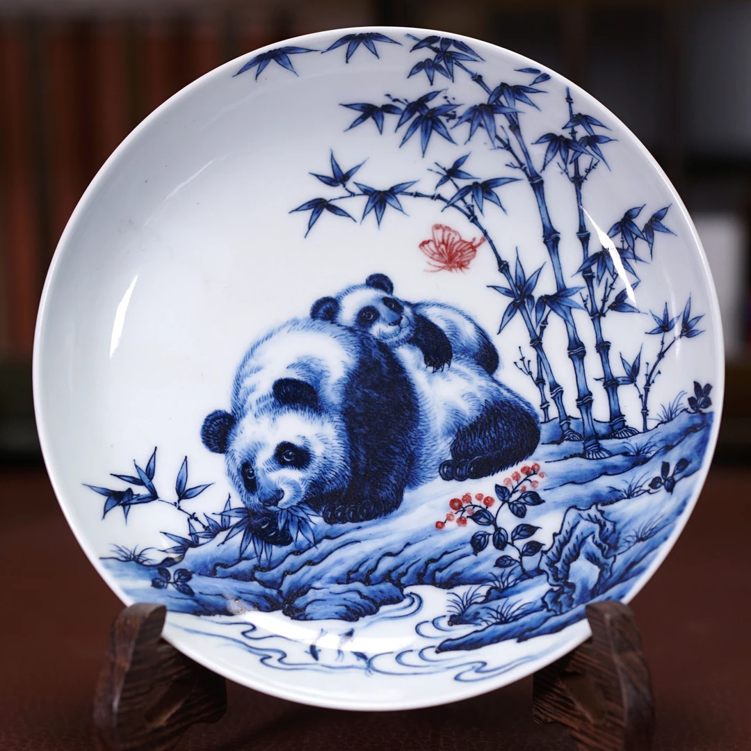 【阳春白雪】-青花釉里红熊猫纹壶承