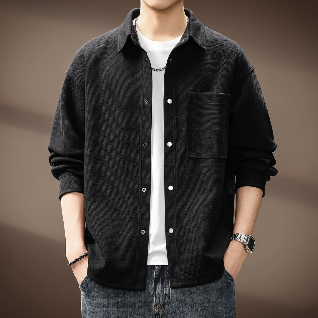 高端肌理感气质痞帅翻领休闲衬衫男士2025秋季新款宽松美式外套男