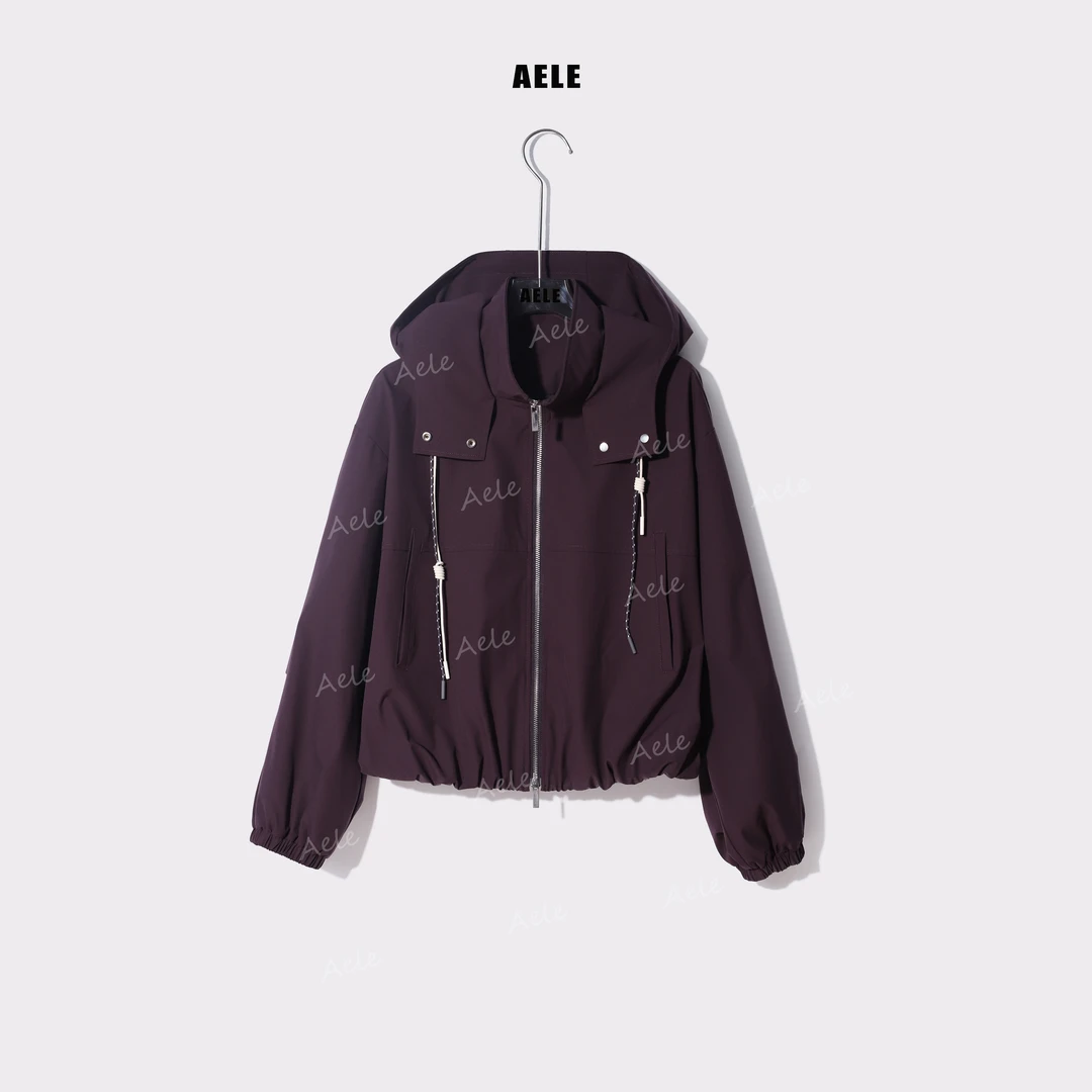 AELE户外短款运动防风抽绳连帽紫色冲锋外套 W853 2358 AD