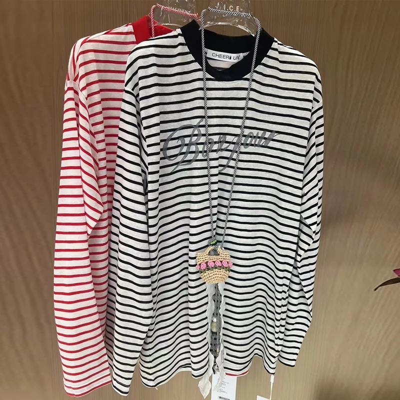 CHEER UP UNIFORM25春季新品法语拉菲草包包条纹长袖T恤