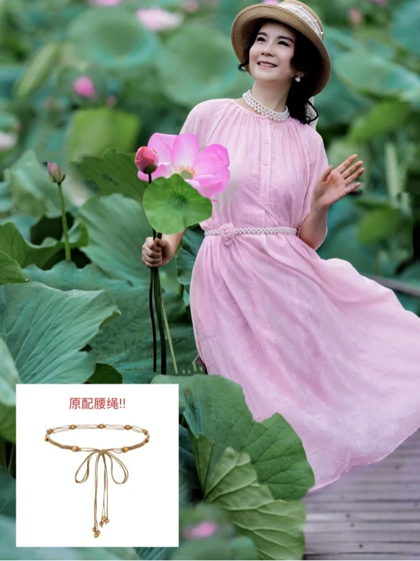 【清仓福利】现货 粉色轻奢气质天丝衬衫连衣裙(配腰带，有裙兜)