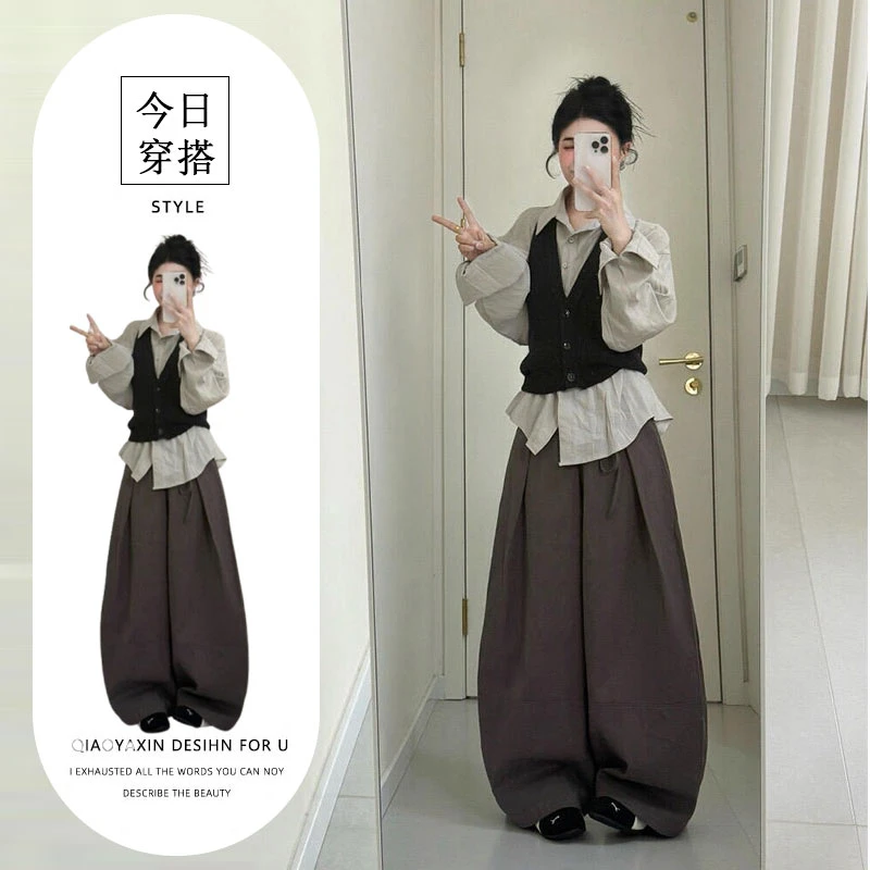 早秋季新款穿搭一整套百搭长袖衬衫挂脖针织背心高腰阔腿裤三件套
