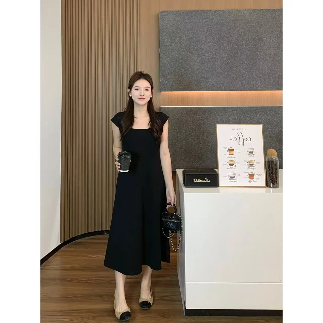 小羽酱小个子定制夏季法式温柔风气质收腰显瘦方领后绑带连衣裙