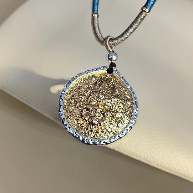 吊坠足银布艺 新中式黄财圆神实心吊坠男女款圆牌时尚百搭情侣