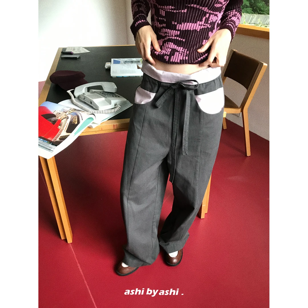 大于诗集 拼色记忆 撞色复古条纹拼接翻边宽松直筒休闲裤女阔腿裤
