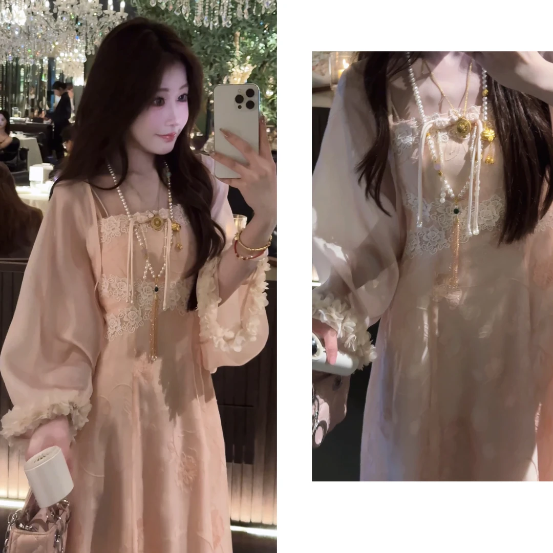 【婷婷】《荣华富贵》芙蓉粉刺绣盘花开衫吊带裙TTZ2SQ792【Q】